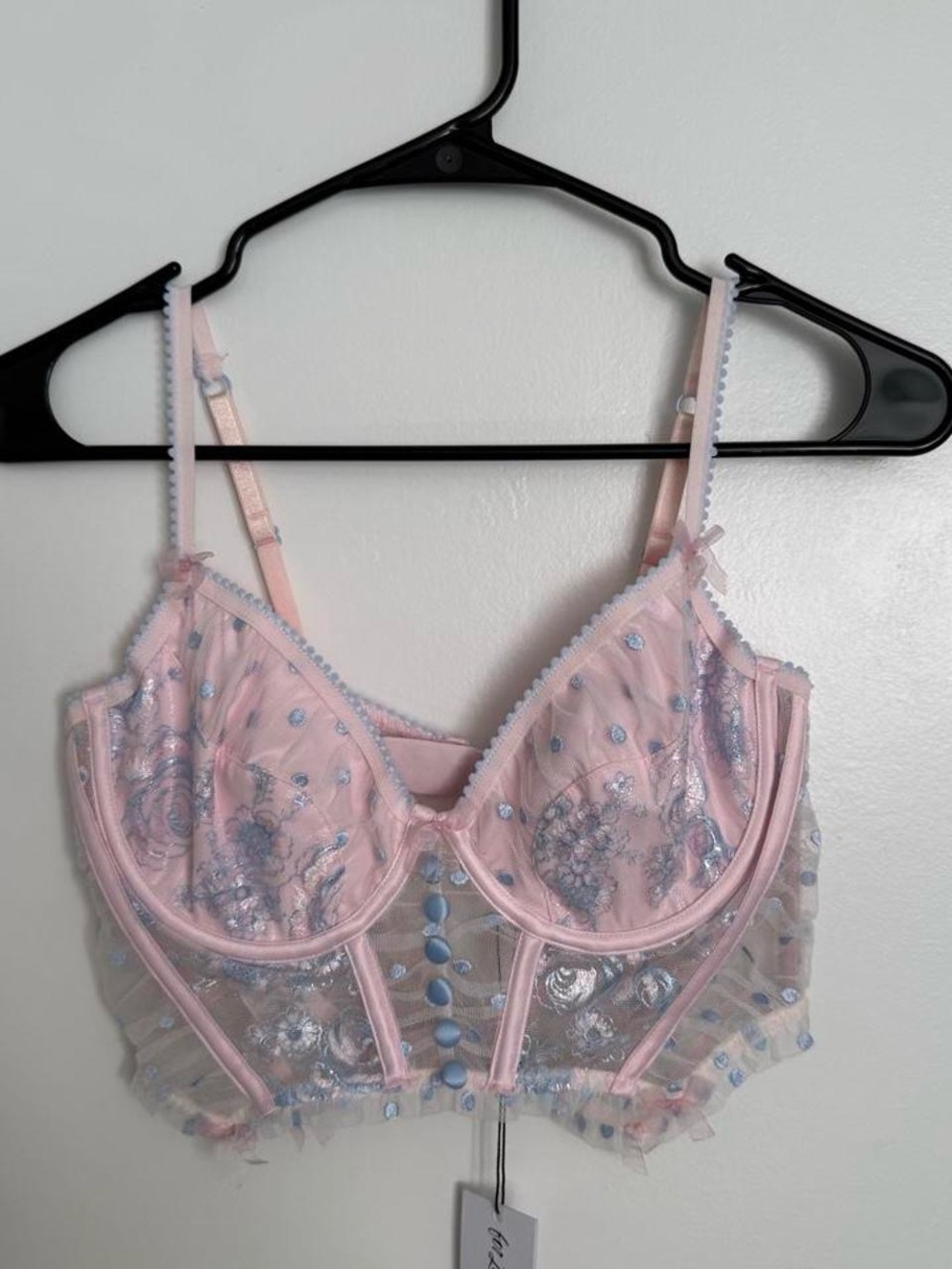 For Love And Lemons Pink and Blue Embroidered Longline Corset Top
